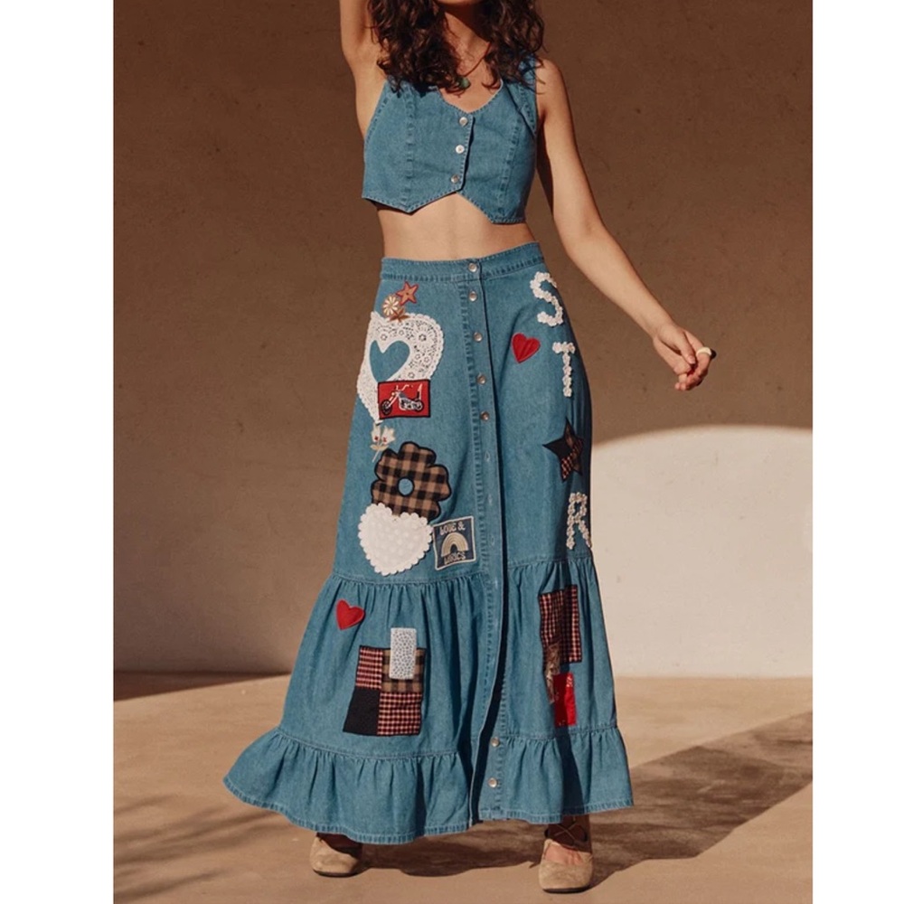Spell Bombshell Patchwork Maxi Skirt Size XXL Cotton High Rise Boho Chambray - Picture 2 of 12